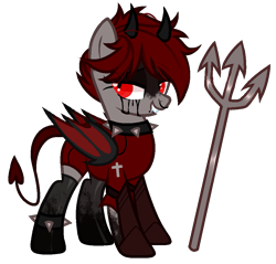 Size: 971x928 | Tagged: safe, artist:idkhesoff, derpibooru exclusive, oc, oc only, oc:lucy fair, bat pony, demon, demon pony, devil, pony, anklet, armor, bat pony oc, blood, choker, clothes, crying, devil horns, devil tail, female, grin, horns, jewelry, lip piercing, mare, markings, nose piercing, nose ring, piercing, pitchfork, simple background, smiling, snake bites, socks, solo, spiked choker, stockings, tail, tears of blood, thigh highs, transparent background