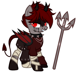 Size: 971x928 | Tagged: safe, artist:idkhesoff, derpibooru exclusive, oc, oc only, oc:lucy fair, bat pony, demon, demon pony, devil, pony, bandage, bat pony oc, blood, choker, clothes, cross, crying, devil horns, devil tail, female, grin, horns, jewelry, lip piercing, mare, markings, necklace, nose piercing, nose ring, pants, piercing, pitchfork, shirt, simple background, smiling, snake bites, solo, spiked choker, tail, tears of blood, transparent background