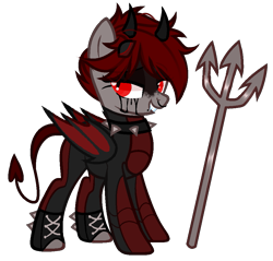 Size: 971x928 | Tagged: safe, artist:idkhesoff, derpibooru exclusive, oc, oc only, oc:lucy fair, bat pony, demon, demon pony, devil, pony, armor, bat pony oc, blood, boots, choker, crying, devil horns, devil tail, female, grin, horns, lip piercing, mare, markings, nose piercing, nose ring, piercing, pitchfork, shoes, simple background, smiling, snake bites, solo, spiked choker, tail, tears of blood, transparent background