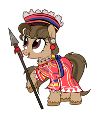 Size: 2286x2772 | Tagged: safe, artist:idkhesoff, oc, oc only, oc:ligaya, earth pony, pony, clothes, ear piercing, earring, earth pony oc, female, filipino, full body, hat, high res, hoof hold, jewelry, mare, necklace, open mouth, open smile, piercing, shirt, show accurate, simple background, skirt, smiling, solo, spear, standing, transparent background, unshorn fetlocks, weapon