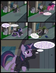 Size: 1042x1358 | Tagged: safe, artist:dendoctor, mean twilight sparkle, pinkie pie, oc, alicorn, earth pony, pony, comic:clone.., g4, alternate universe, book, clone, clothes, comic, female, injured, male, manehattan, mare, outdoors, pinkie clone, rain, stallion, sweater, trash can, twilight sparkle (alicorn)
