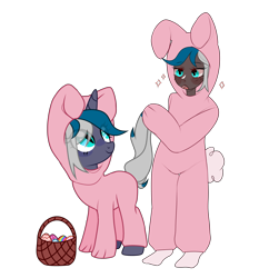 Size: 3668x3930 | Tagged: safe, artist:idkhesoff, oc, oc only, oc:elizabat stormfeather, alicorn, bat pony, bat pony alicorn, human, pony, alicorn oc, animal costume, basket, bat pony oc, bat wings, blushing, bunny costume, bunny ears, clothes, costume, dark skin, easter, easter basket, easter egg, egg, female, high res, holiday, horn, human ponidox, humanized, humanized oc, open mouth, self paradox, self ponidox, simple background, socks, transparent background, wings