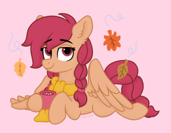 Size: 2000x1556 | Tagged: safe, artist:pink-pone, oc, oc only, pegasus, pony, clothes, eyebrows, eyebrows visible through hair, female, leaves, lying down, mare, pink background, prone, scarf, simple background, solo