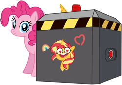 Size: 1024x714 | Tagged: safe, artist:emeraldblast63, pinkie pie, sunset shimmer, earth pony, pony, unicorn, g4, g5, my little pony: tell your tale, the unboxing of izzy, spoiler:g5, spoiler:my little pony: tell your tale, spoiler:tyts01e06, female, g5 to g4, generation leap, mare, simple background, the izzy box, transparent background, trap (device), unicorn entrapment device