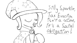 Size: 1920x1080 | Tagged: safe, artist:spritepony, trixie, pony, unicorn, g4, blatant lies, brooch, cape, clothes, female, grammar error, hat, implied twilight sparkle, jewelry, lineart, mare, raised hoof, sketch, solo, talking, tax evasion, trixie's brooch, trixie's cape, trixie's hat