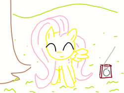 Size: 1200x900 | Tagged: safe, artist:purblehoers, fluttershy, pegasus, pony, g4, animated, dancing, eyes closed, female, gif, grass, hill, mare, ms paint, outdoors, party soft, radio, raised hoof, smiling, solo, tippy taps, tree, two-frame gif