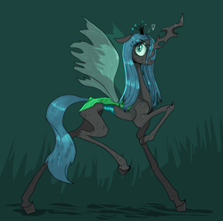 Size: 3508x3480 | Tagged: safe, artist:paskanaakka, derpibooru exclusive, queen chrysalis, changeling, changeling queen, canterlot wedding 10th anniversary, g4, abstract background, female, grin, high res, holeless, raised hoof, skinny, smiling, solo, thin
