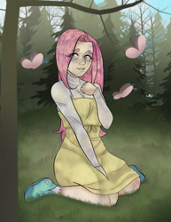 Size: 1582x2048 | Tagged: safe, artist:underrateddoormatt, fluttershy, butterfly, human, g4, clothes, dress, female, forest, humanized, kneeling, long sleeves, shoes, solo