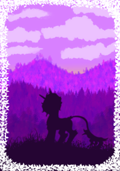Size: 1748x2480 | Tagged: safe, artist:hrabiadeblacksky, oc, oc only, oc:hrabia de black sky, hybrid, pony, cloud, forest background, male, purple background, simple background, solo, stallion, tree
