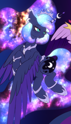Size: 511x891 | Tagged: safe, artist:shad0w-galaxy, princess luna, twilight sparkle, alicorn, pony, g4, clothes, colored wings, cropped, crown, ethereal mane, flying, jewelry, multicolored wings, necklace, regalia, shoes, simple background, solo, starry mane, twilight sparkle (alicorn), unfinished art, wings, wip