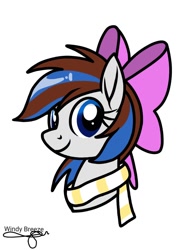 Size: 768x1024 | Tagged: safe, artist:windy breeze, oc, oc only, oc:breezy, earth pony, pony, blue eyes, bow, bust, clothes, female, gray coat, hair bow, looking at you, mare, ribbon, scarf, signature, simple background, smiling, smiling at you, solo, striped mane, striped scarf, white background, white coat