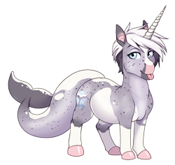 Size: 3240x3062 | Tagged: safe, artist:askbubblelee, oc, oc only, oc:trots n socks, hybrid, narwhal, pony, sea pony, unicorn, :p, butt freckles, female, fish tail, freckles, high res, hooves, ponysona, simple background, solo, tail, tongue out, transparent background