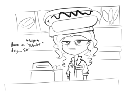 Size: 1162x851 | Tagged: safe, artist:tjpones, adagio dazzle, human, equestria girls, g4, black and white, cash register, clerk, dialogue, female, grayscale, hat, hot dog and bun, lidded eyes, monochrome, name tag, retail, sigh, sketch, solo, working