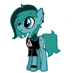 Size: 2895x2766 | Tagged: safe, alternate version, artist:alandisc, oc, oc only, oc:max crow, earth pony, pony, base used, bracelet, clothes, ear piercing, earth pony oc, eyeliner, fall out boy, high res, jewelry, makeup, male, piercing, shirt, show accurate, simple background, smiling, solo, teenager, two toned mane, white background