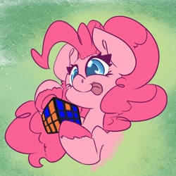 Size: 1534x1533 | Tagged: safe, artist:leadhooves, pinkie pie, earth pony, pony, g4, abstract background, colored pupils, cute, dexterous hooves, diapinkes, female, hoof hold, mare, rubik's cube, solo, tongue out, unshorn fetlocks