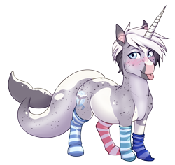 Size: 3240x3062 | Tagged: safe, artist:askbubblelee, oc, oc only, oc:trots n socks, narwhal, pony, sea pony, unicorn, :p, adorasexy, clothes, coat markings, cute, female, freckles, high res, horn, ocbetes, sexy, simple background, smiling, socks, socks (coat markings), solo, striped socks, tongue out, transparent background