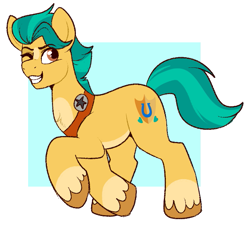 Size: 639x579 | Tagged: safe, artist:lulubell, hitch trailblazer, earth pony, pony, g5, my little pony: a new generation, chest fluff, clothes, colored hooves, grin, male, one eye closed, pale belly, passepartout, sash, smiling, socks, solo, stallion, unshorn fetlocks, wink