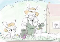 Size: 2399x1695 | Tagged: safe, artist:applephil, applejack, oc, oc:anon, earth pony, human, pony, g4, basket, bunny ears, clothes, easter, easter egg, female, freckles, gloves, grass, holiday, human ponidox, limited palette, mare, self paradox, self ponidox