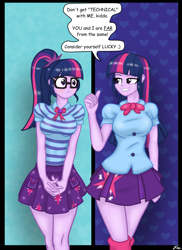 Size: 2975x4092 | Tagged: safe, artist:lennondash, sci-twi, twilight sparkle, human, equestria girls, g4, bowtie, breasts, busty sci-twi, busty twilight sparkle, clothes, duo, duo female, female, geode of telekinesis, glasses, grin, leg warmers, lidded eyes, looking at each other, looking at someone, magical geodes, ponytail, self paradox, skirt, smiling, speech bubble, teenager, thumbs up, twolight