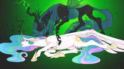 Size: 1920x1080 | Tagged: safe, artist:snowberry, princess celestia, queen chrysalis, alicorn, changeling, changeling queen, pony, canterlot wedding 10th anniversary, a canterlot wedding, abstract background, crown, curved horn, duo, ethereal mane, eyes closed, female, floppy ears, glowing, glowing eyes, glowing horn, hoers, horn, jewelry, looking at you, lying down, magic, mare, on side, open mouth, prone, realistic horse legs, regalia, smiling, smoke, spread wings, unconscious, wings