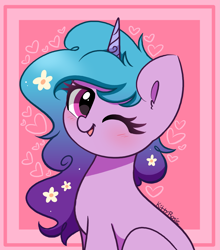 Size: 2917x3308 | Tagged: safe, artist:kittyrosie, izzy moonbow, pony, unicorn, g5, abstract background, blushing, female, flower, flower in hair, heart, high res, looking at you, mare, one eye closed, smiling, smiling at you, solo, wink, winking at you