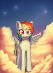 Size: 1688x2320 | Tagged: safe, artist:alexander56910, rainbow dash, pegasus, pony, g4, cloud, ear fluff, eye clipping through hair, eyebrows, female, happy, looking at you, mare, open mouth, open smile, outdoors, raised eyebrow, sky, smiling, smiling at you, solo, spread wings, sunset, wings