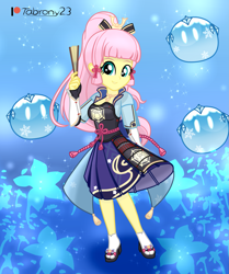 Size: 1691x2027 | Tagged: safe, artist:tabrony23, fluttershy, human, equestria girls, g4, beautiful, breasts, busty fluttershy, clothes, cosplay, costume, crossover, cute, dress, female, genshin impact, gloves, grin, kamisato ayaka (genshin impact), looking at you, patreon, patreon logo, pigtails, sandals, shoes, show accurate, shyabetes, signature, slimes (genshin impact), smiling, smiling at you, solo, video game crossover