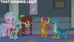 Size: 1280x720 | Tagged: safe, edit, edited screencap, editor:quoterific, screencap, gallus, ocellus, silverstream, smolder, yona, changeling, classical hippogriff, dragon, griffon, hippogriff, yak, g4, school daze, season 8, crossed arms, dragoness, eyes closed, female, grin, male, school of friendship, smiling, text