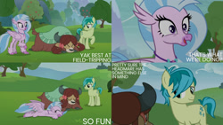 Size: 1280x720 | Tagged: safe, edit, edited screencap, editor:quoterific, screencap, sandbar, silverstream, yona, classical hippogriff, earth pony, hippogriff, pony, yak, g4, non-compete clause, season 8, ^^, cute, diastreamies, eyes closed, female, male, open mouth, open smile, smiling, stallion, text, trio, yonadorable