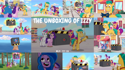 Size: 1280x722 | Tagged: safe, edit, edited screencap, editor:quoterific, screencap, hitch trailblazer, izzy moonbow, pipp petals, sunny starscout, zipp storm, earth pony, pegasus, pony, unicorn, g5, my little pony: tell your tale, the unboxing of izzy, spoiler:g5, spoiler:my little pony: tell your tale, spoiler:tyts01e06, adorazipp, biting, book, cute, eyes closed, female, lip bite, male, mane five, mane stripe sunny, mare, open mouth, open smile, smiling, stallion, text, the izzy box, unicorn entrapment device