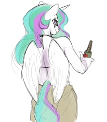 Size: 744x842 | Tagged: safe, artist:egil, princess celestia, alicorn, anthro, g4, apple cider, ass, back, butt, clothes, dress, female, glasses, open-back dress, simple background, solo, white background