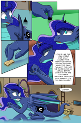 Size: 1800x2736 | Tagged: safe, artist:candyclumsy, princess luna, dragon, comic:luna's cronenberg, g4, accident, book, canterlot, canterlot castle, claws, comic, commissioner:bigonionbean, crown, cutie mark, dragoness, dragonified, dresser, ethereal mane, female, furniture, horn, jewelry, lunadragon, magic, regalia, scales, shocked, species swap, surprised, tail, tail whip, talking to herself, wings, writer:bigonionbean