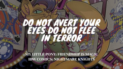 Size: 1280x720 | Tagged: safe, edit, editor:quoterific, idw, capper dapperpaws, captain celaeno, grubber, storm king, abyssinian, g4, my little pony: the movie, nightmare knights, spoiler:comic, male, smiling, solo, text