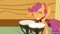 Size: 640x360 | Tagged: safe, screencap, scootaloo, pegasus, pony, g4, one bad apple, season 3, ^^, animated, bipedal, cape, clothes, clubhouse, cmc cape, crusaders clubhouse, cute, cutealoo, drumming, drums, eyes closed, female, filly, foal, gif, gifs.com, grin, kettle drums, musical instrument, silly, silly pony, smiling, solo, timpani