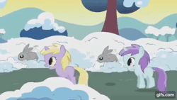 Size: 640x360 | Tagged: safe, screencap, dinky hooves, liza doolots, petunia, tootsie flute, pony, rabbit, unicorn, g4, season 1, winter wrap up, animal, animated, clothes, cute, dinkabetes, duo, eyes closed, female, filly, foal, gif, gifs.com, jumping, open clothes, snow, tootsie cute, tree