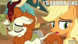 Size: 640x360 | Tagged: safe, edit, edited screencap, screencap, applejack, autumn blaze, butterfly, earth pony, kirin, pony, season 8, sounds of silence, animated, applejack's hat, awwtumn blaze, bipedal, butt, cowboy hat, cute, duo, eyes closed, female, gif, gifs.com, hat, impact font, mare, nose in the air, open mouth, open smile, plot, smiling, text, uvula, volumetric mouth