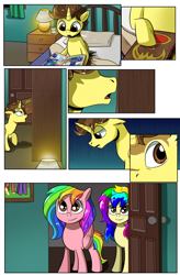 Size: 1800x2740 | Tagged: safe, artist:candyclumsy, oc, oc:candy clumsy, oc:rainbow tashie, oc:tommy the human, alicorn, earth pony, pegasus, pony, comic:luna's cronenberg, bedroom, book, boop, canterlot, canterlot castle, child, colt, comic, commissioner:bigonionbean, cutie mark, door, dresser, earth pony oc, female, foal, furniture, horn, lamp, male, mare, pegasus oc, picture, picture frame, reading, surprised, wings, writer:bigonionbean