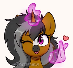 Size: 1144x1080 | Tagged: safe, artist:handgunboi, oc, oc:sparta windprancer, pony, unicorn, :p, commission, female, hand, heart, looking at you, magic, magic aura, magic hands, mare, one eye closed, simple background, smiling, solo, tongue out, white background, wink