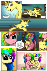 Size: 1800x2740 | Tagged: safe, artist:candyclumsy, oc, oc:candy clumsy, oc:rainbow tashie, oc:tommy the human, alicorn, earth pony, pegasus, pony, comic:luna's cronenberg, bedroom, book, boop, canterlot, canterlot castle, child, colt, comic, commissioner:bigonionbean, crying, cutie mark, door, dresser, earth pony oc, female, foal, furniture, galloping, group hug, horn, hug, hugging a pony, kissing, lamp, male, mare, pegasus oc, picture, picture frame, reading, reunion, surprised, tears of joy, teary eyes, wings, writer:bigonionbean
