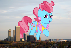 Size: 3648x2441 | Tagged: safe, artist:jeatz-axl, artist:thegiantponyfan, cup cake, earth pony, pony, g4, female, giant pony, giant/macro earth pony, giantess, high res, highrise ponies, irl, looking at you, macro, mare, mega giant, oklahoma, open mouth, photo, ponies in real life, raised hoof, smiling, story included, tulsa