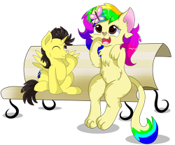 Size: 8800x7326 | Tagged: safe, artist:rainbowtashie, oc, oc only, oc:rainbow tashie, oc:tommy the human, abyssinian, alicorn, butterfly, cat, insect, pony, absurd resolution, abyssinian oc, abyssinianized, alicorn oc, bench, child, colt, commissioner:bigonionbean, duo, duo male and female, female, foal, happy, horn, looking at someone, male, mare, missing cutie mark, one eye closed, open mouth, shadow, simple background, sitting, species swap, transparent background, wings, writer:bigonionbean