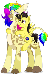 Size: 5700x8600 | Tagged: safe, artist:rainbowtashie, oc, oc only, oc:rainbow tashie, oc:tommy the human, alicorn, giraffe, insect, pony, absurd resolution, alicorn oc, child, colt, commissioner:bigonionbean, duo, duo male and female, female, foal, giraffied, happy, horn, looking at someone, male, mare, missing cutie mark, open mouth, riding, shadow, simple background, sitting, species swap, transparent background, wings, writer:bigonionbean