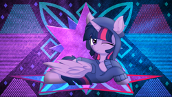 Size: 3840x2160 | Tagged: safe, artist:cyanlightning, artist:laszlvfx, edit, twilight sparkle, alicorn, pony, g4, clothes, high res, hoodie, lying down, prone, solo, twilight sparkle (alicorn), wallpaper, wallpaper edit