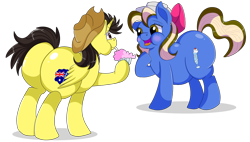 Size: 1280x726 | Tagged: safe, artist:rainbowtashie, oc, oc only, oc:sundae shake, oc:tommy the human, alicorn, earth pony, pony, alicorn oc, australia, australian, bow, butt, chonk, chubby, commissioner:bigonionbean, dessert, duo, duo male and female, earth pony oc, extra thicc, fat, female, flank, freckles, hair bow, hat, horn, large butt, looking at someone, male, mare, open mouth, plot, shadow, simple background, stallion, transparent background, wings, writer:bigonionbean