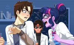 Size: 4224x2550 | Tagged: safe, artist:ameliacostanza, sci-twi, twilight sparkle, human, equestria girls, g4, angry, clothes, commission, crossover, doctor octopus, lab coat, marvel, peter parker, yelling
