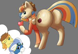 Size: 4000x2780 | Tagged: safe, artist:shaliwolf, braeburn, wind waker, oc, oc:spicy cider, earth pony, pegasus, pony, g4, butt, clothes, commission, commissioner:bigonionbean, cowboy hat, dock, embarrassed, extra thicc, flank, fusion, fusion:braeburn, fusion:wind waker, hat, horn, jumpsuit, large butt, looking at you, looking back, looking back at you, male, plot, sitting, stallion, stetson, tail, the ass was fat, thought bubble, writer:bigonionbean