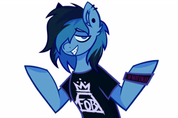 Size: 4134x2756 | Tagged: safe, artist:mxmx fw, oc, oc:max crow, earth pony, pony, bracelet, clothes, ear piercing, emo, eyeliner, fall out boy, jewelry, makeup, male, piercing, shirt, simple background, smiling, solo, teenager, two toned mane, white background