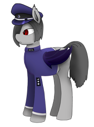 Size: 1020x1368 | Tagged: safe, artist:puginpocket, derpibooru exclusive, oc, oc only, bat pony, pony, equestria at war mod, bat pony oc, clothes, female, folded wings, gray coat, grey hair, mare, military uniform, red eyes, simple background, solo, transparent background, uniform, wings