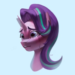 Size: 3000x3000 | Tagged: safe, artist:annna markarova, starlight glimmer, pony, unicorn, g4, bust, crying, eyebrows, high res, light blue background, portrait, sequins, simple background, solo, tears of pain, teary eyes