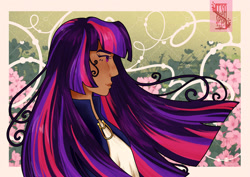 Size: 1280x905 | Tagged: safe, artist:laps-sp, twilight sparkle, human, g4, dark skin, flower, humanized, profile, solo